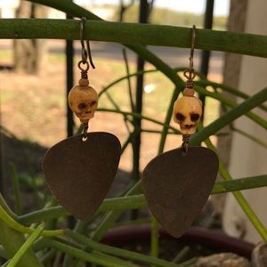 Artisan crafted skull & metal guitar pick earrings